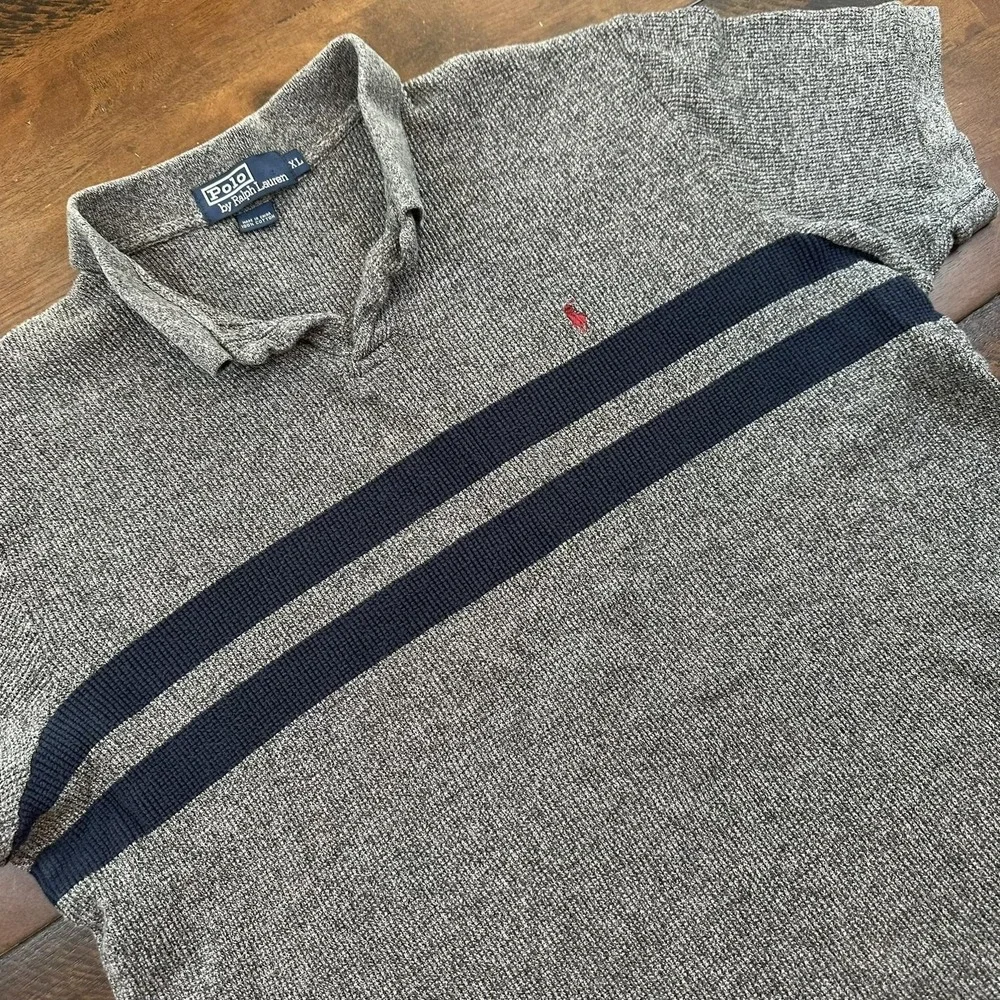 Polo Ralph Lauren Shirt‎ Mens XL Sweater Gray Navy Stripe Knit Cotton Casual